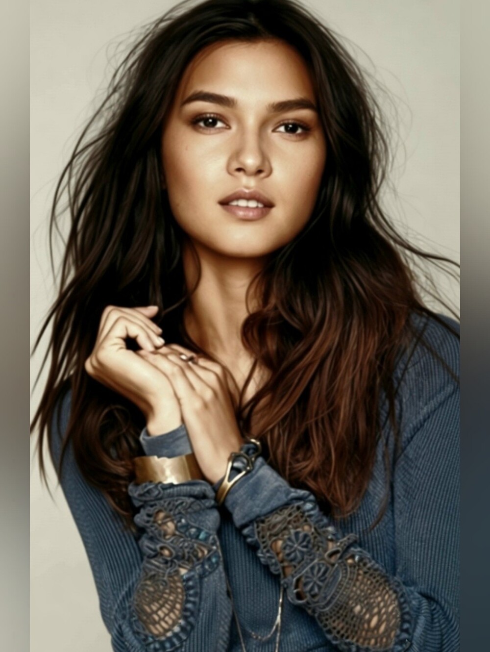 Free People We The Free Synergy Charcoal Gray Thermal Top- Crochet Lace Cuffs - Picture 4 of 8